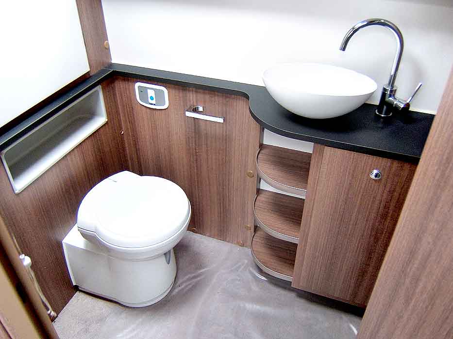 The rear washroom - showing the cassette toilet and washbasin.